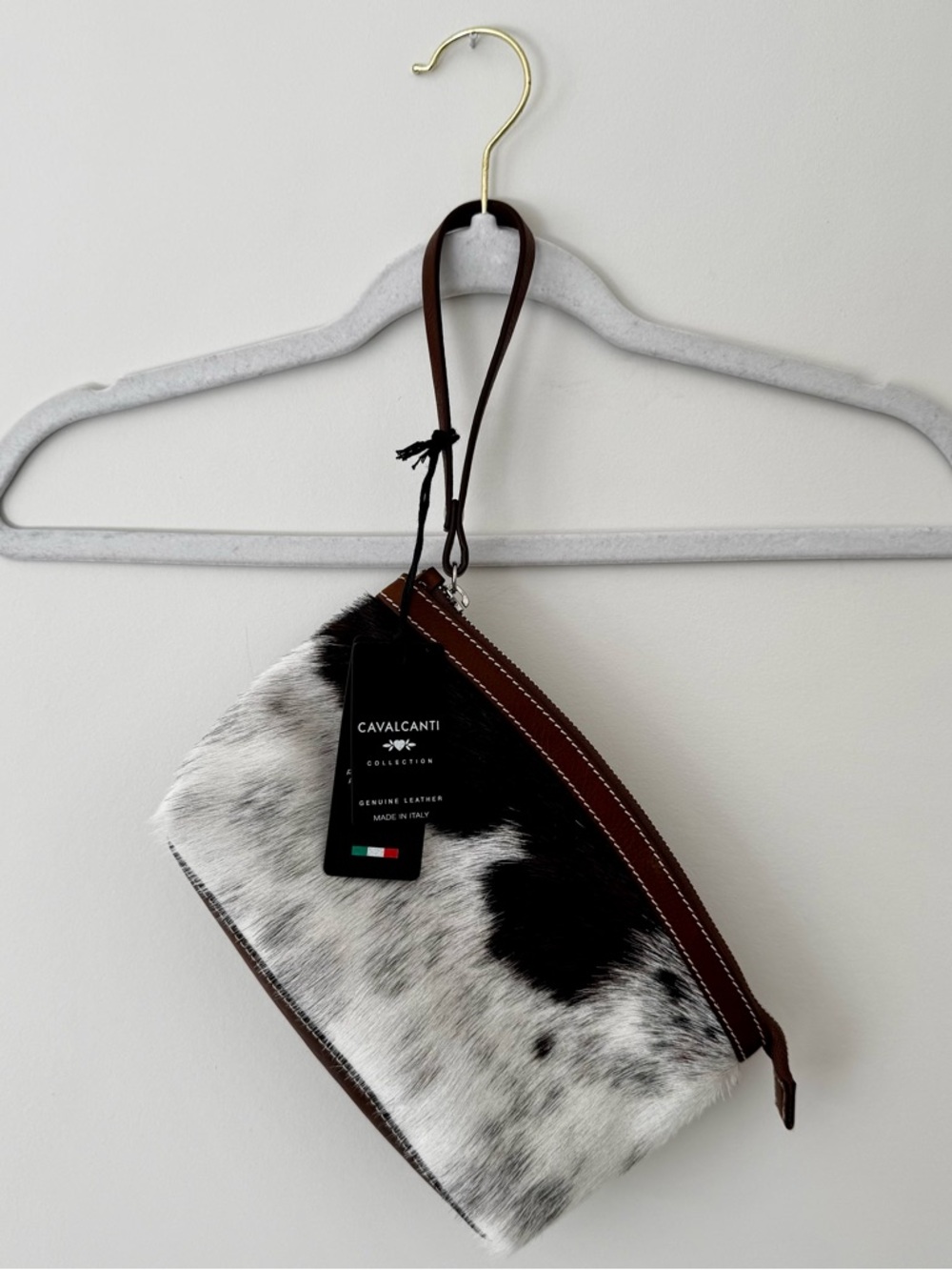NWT Calvacanti Leather & Calf Hair Cow Print Zipper Pouch – Brown, White, Black
